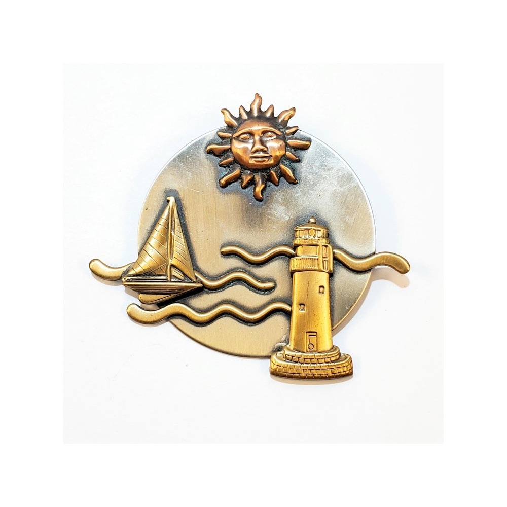 Vtg Signed K&T Mixed Metals Sailboat, Sun & Lighthouse Ocean Nautical Brooch Pin